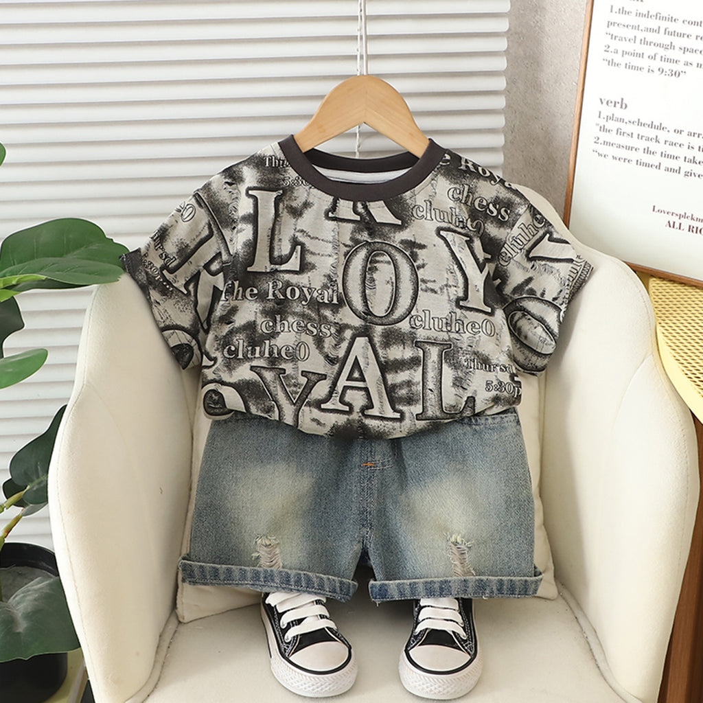 Boys Beige Typographic Printed Short Sleeves T-Shirt With Denim Shorts Set 2 pc. Sets Beige 1-2 Y