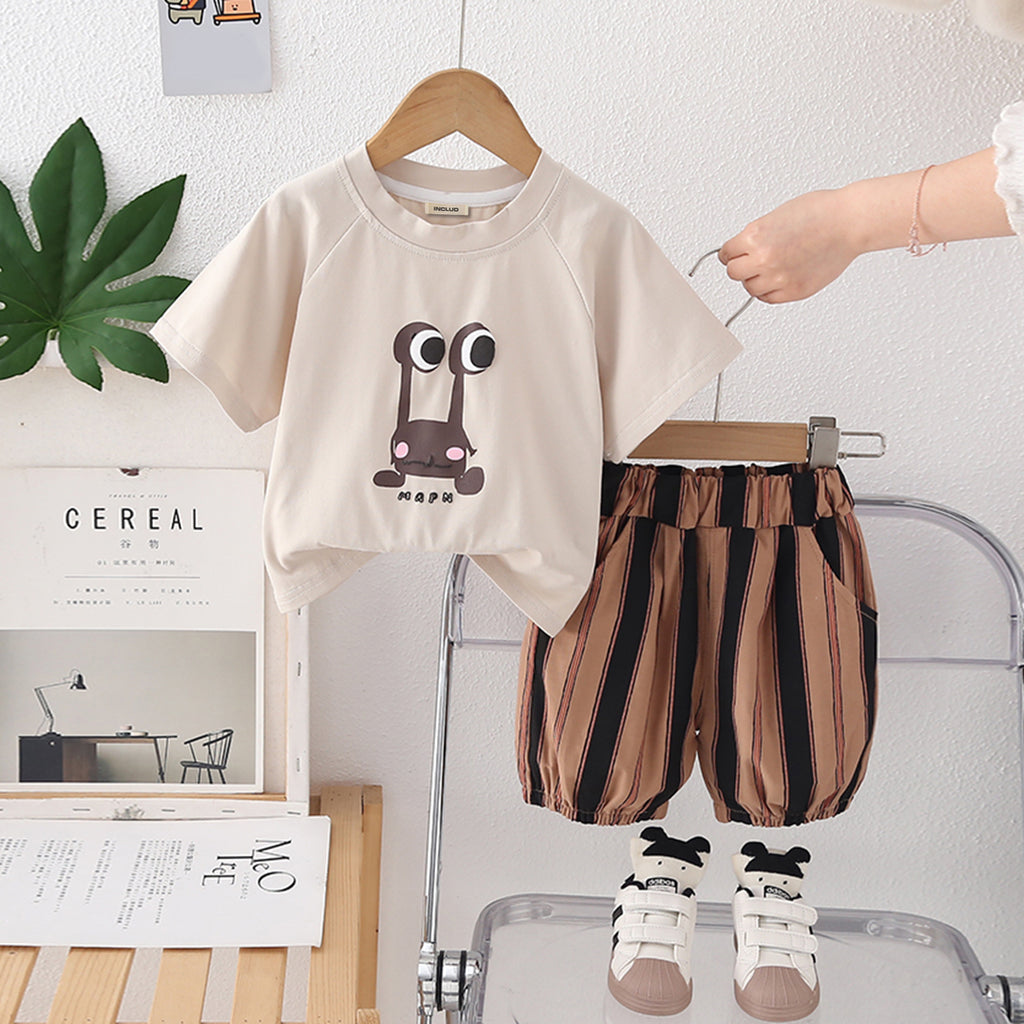 Boys Dark Brown Printed Raglan Sleeves T-Shirt With Striped Bermudas Set 2 pc. Sets Dark Brown 1-2 Y