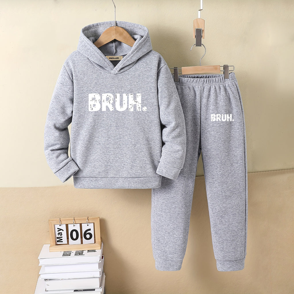 Boys Grey Melange Printed Hooded Sweatshirt with Joggers Set Sets Grey 5-6 Y