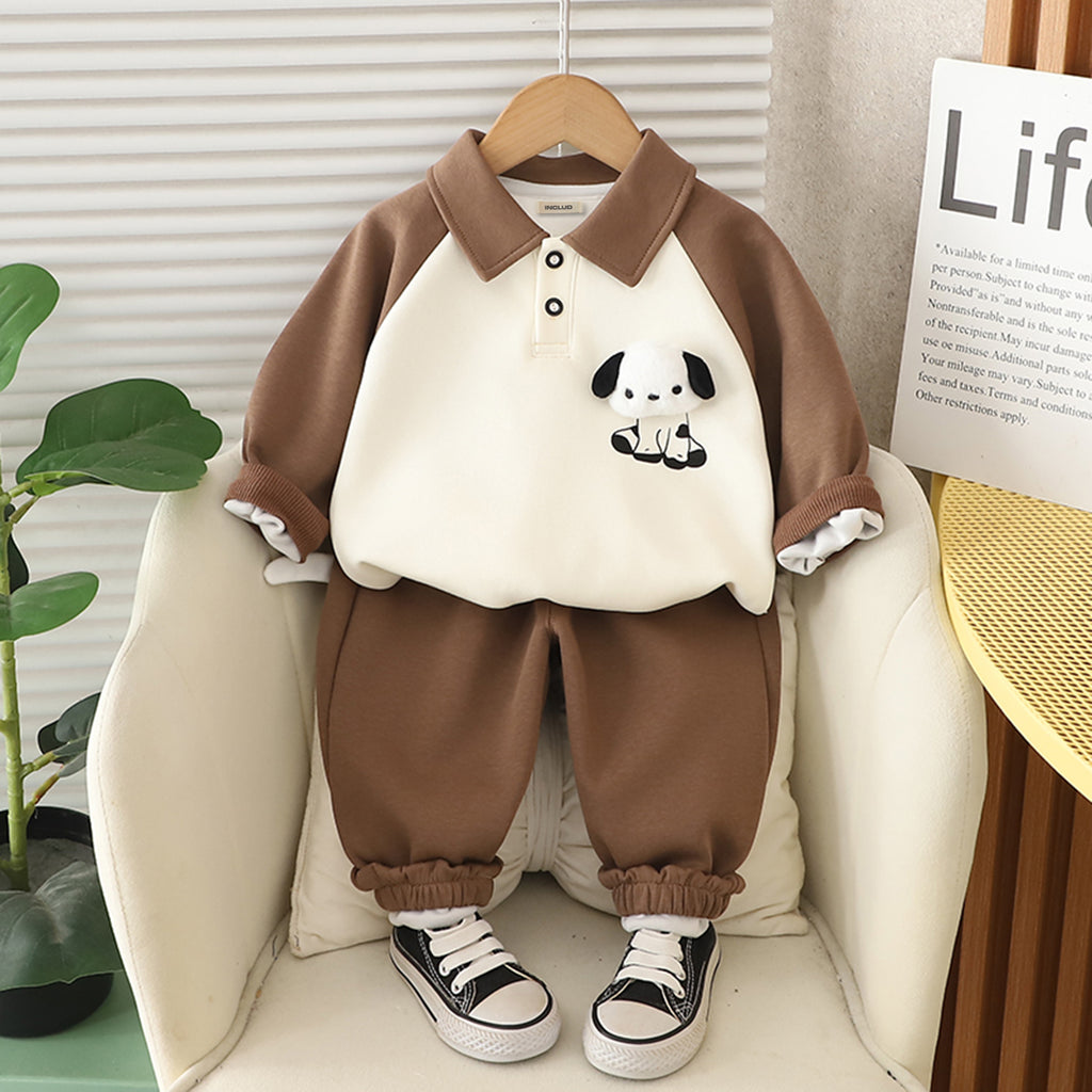 Boys Brown Dog Cartoon Printed Polo Sweatshirt With Pants Set 2 pc. Sets Brown 1-2 Y