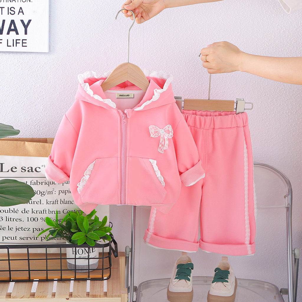 Girls Pink Solid Hooded Sweatshirt With Pants Co-ord Set 2 pc. Sets Pink 1-2 Y