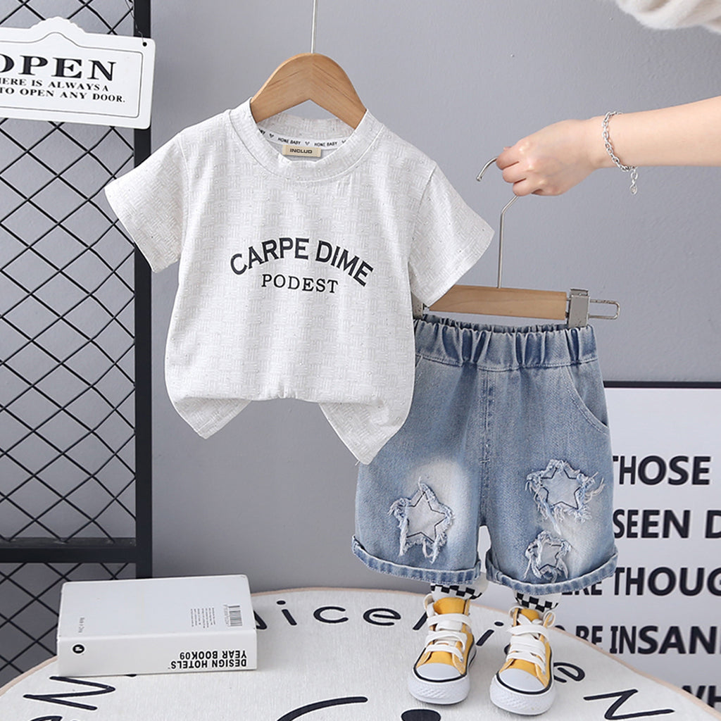 Boys White Short Sleeve Printed T-Shirt With Star Applique Denim Shorts Set 2 pc. Sets White 1-2 Y