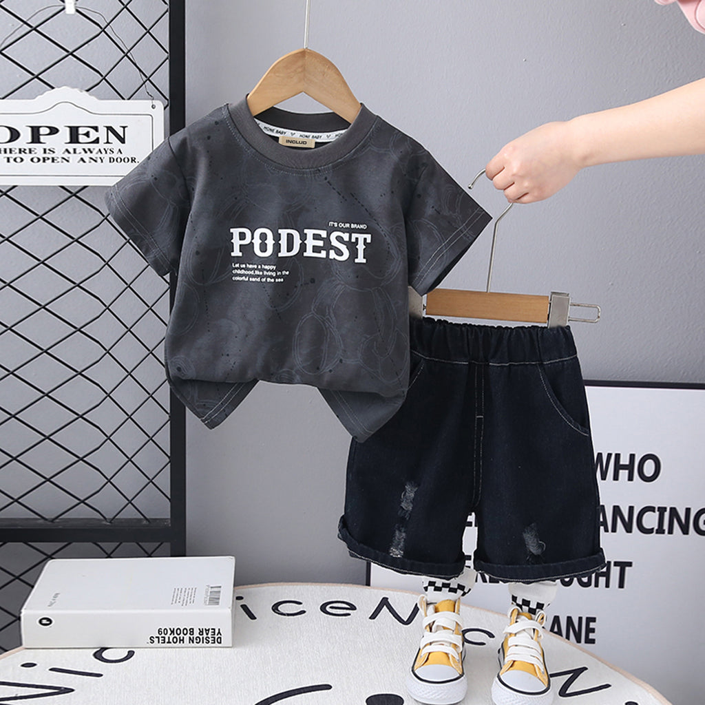 Boys Grey Typography Printed T-Shirt With Elasticated Shorts Set 2 pc. Sets Grey 1-2 Y