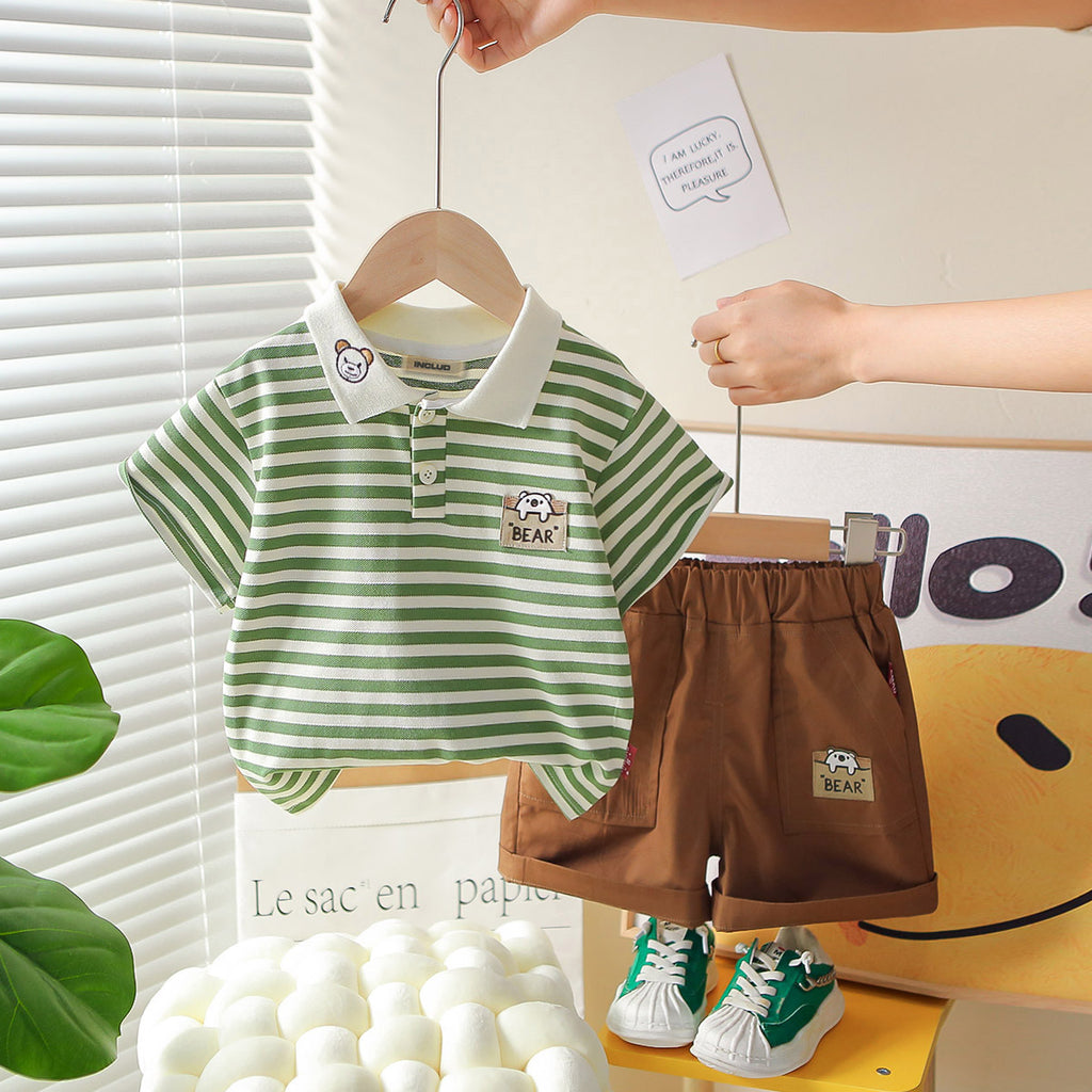 Boys Green Striped Bear Patch Short Sleeves Polo T-Shirt With Shorts Set 2 pc. Sets Green 1-2 Y