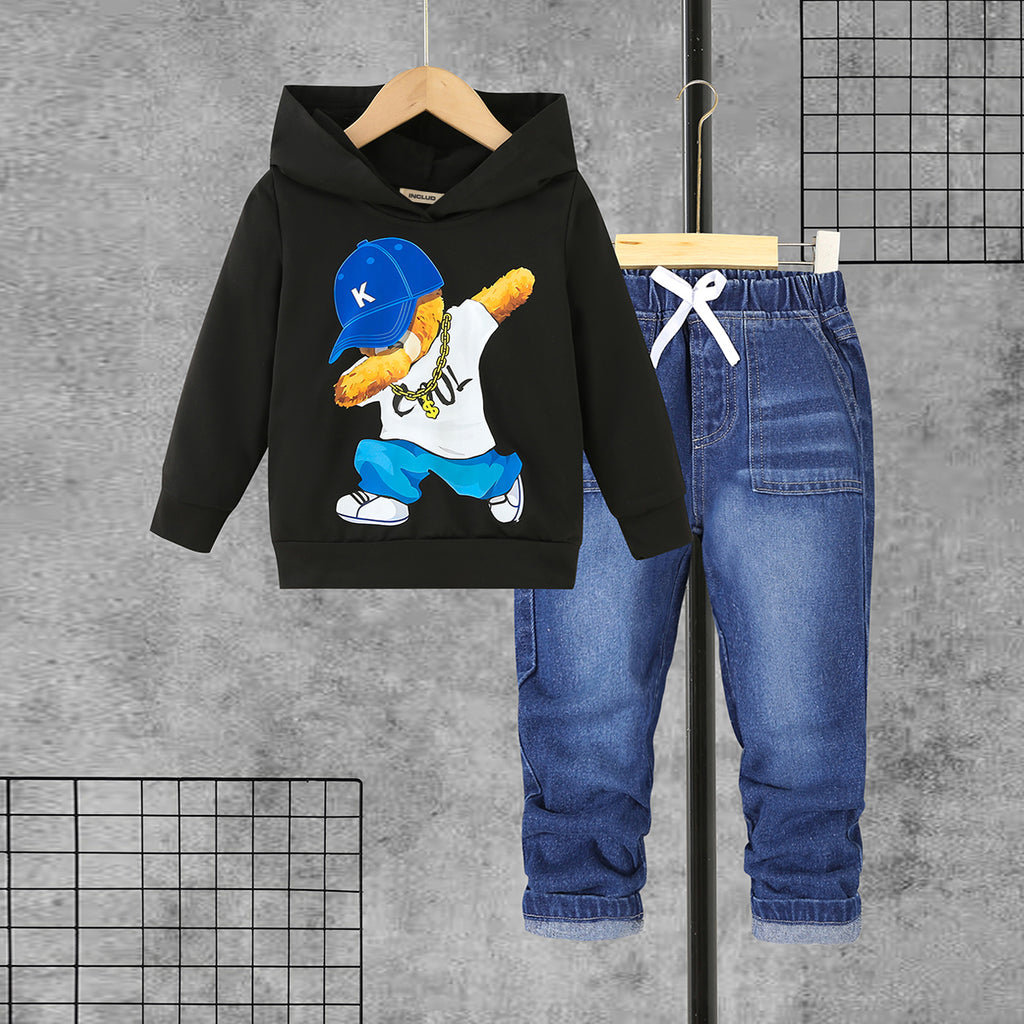Boys Black Boys Graphics Printed Hooded Sweatshirt With Denim Trousers Sets 2 pc. Sets Black 3-4 Y