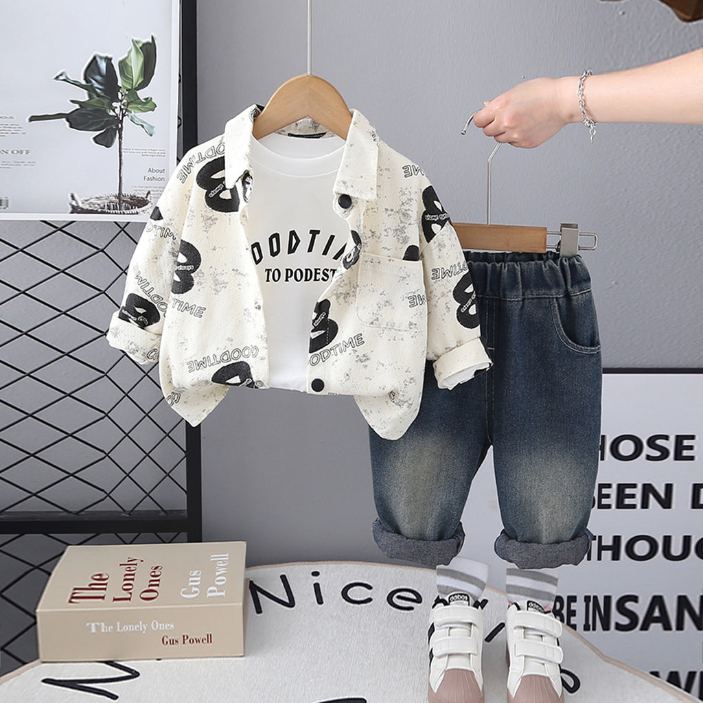 Boys Off White Typographic Printed Shirt With T-Shirt & Denim Pants set 3 pc. Sets Off White 1-2 Y