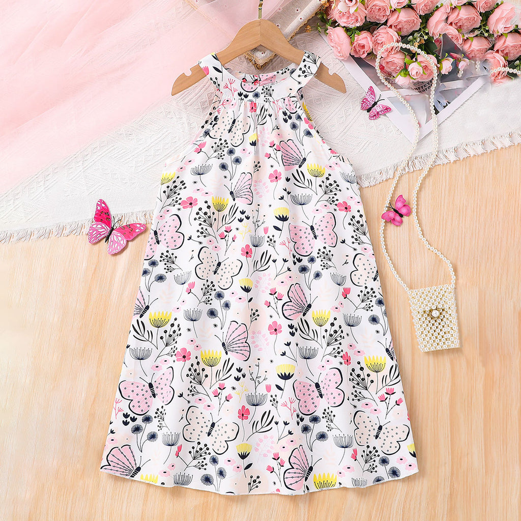 Girls Multi Butterfly Printed Sleeveless A-Line Dress Casual Dresses Multicolor 3-4 Y