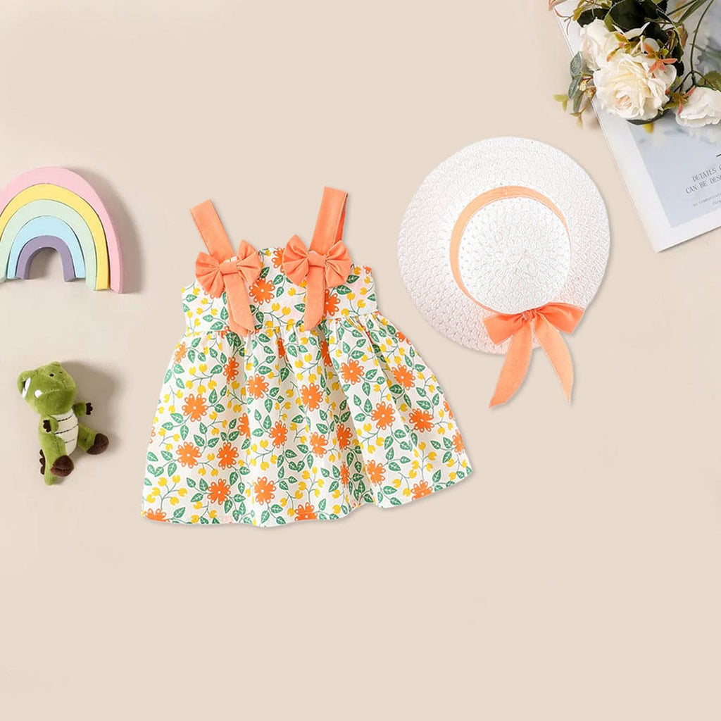 Girls Orange Floral Print Fit & Flare Dress with Hat Casual Dresses Orange 1-2 Y 