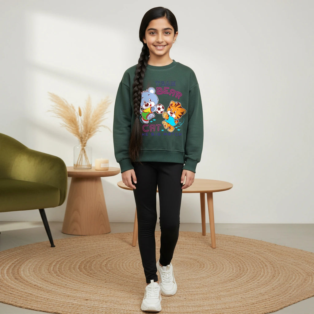 Girls Green Bear Graphics Round Neck Sweatshirt Sweatshirts & Hoodies Green 1-2 Y