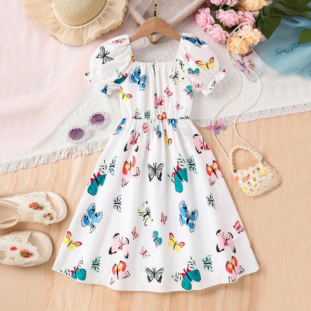 Girls Multicolored Butterfly Printed Scoop Neck Puff Sleeve Fit & Flare Dress Casual Dresses