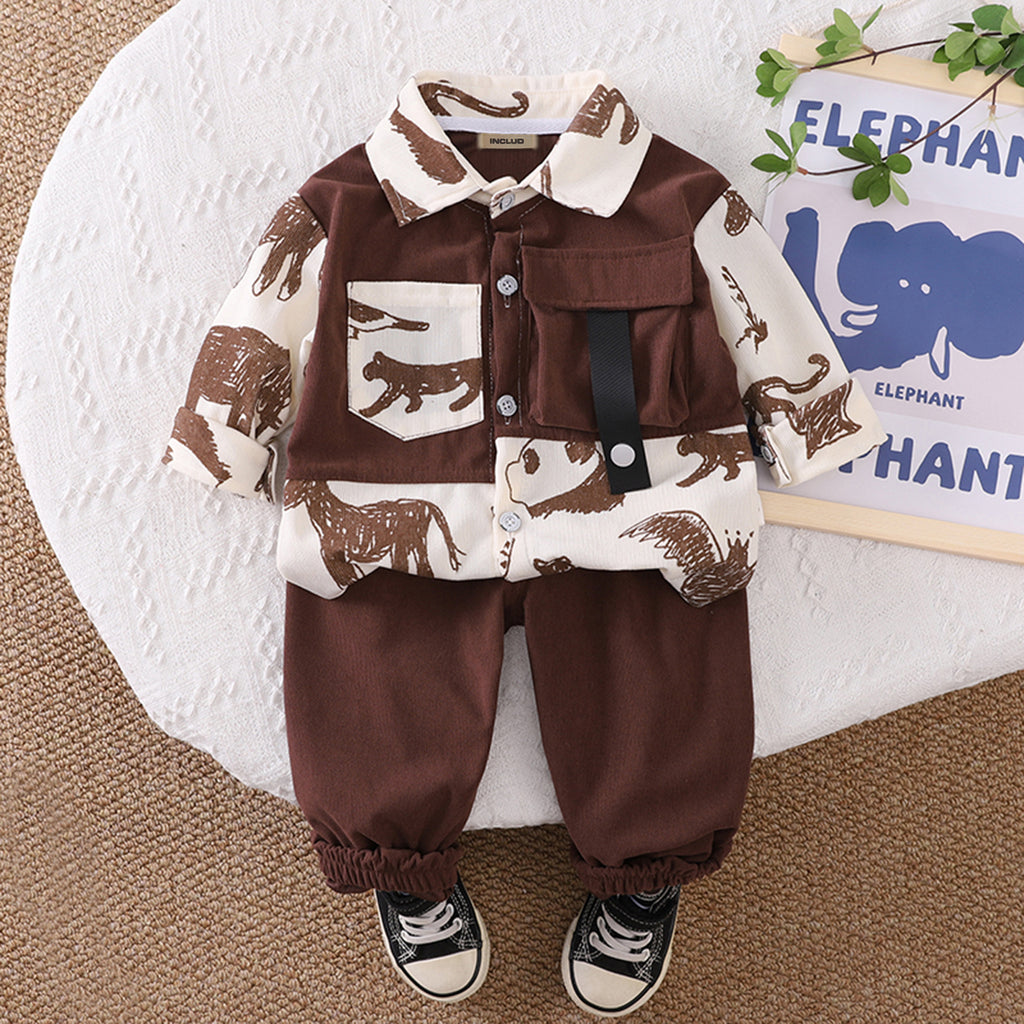 Boys Brown Animals Printed Shirt With Pant Set 2 pc. Sets Brown 1-2 Y