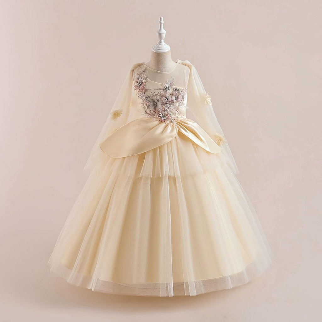 Girls Flower Applique Party Wear Gown Party Dresses Beige 6-7 Y 