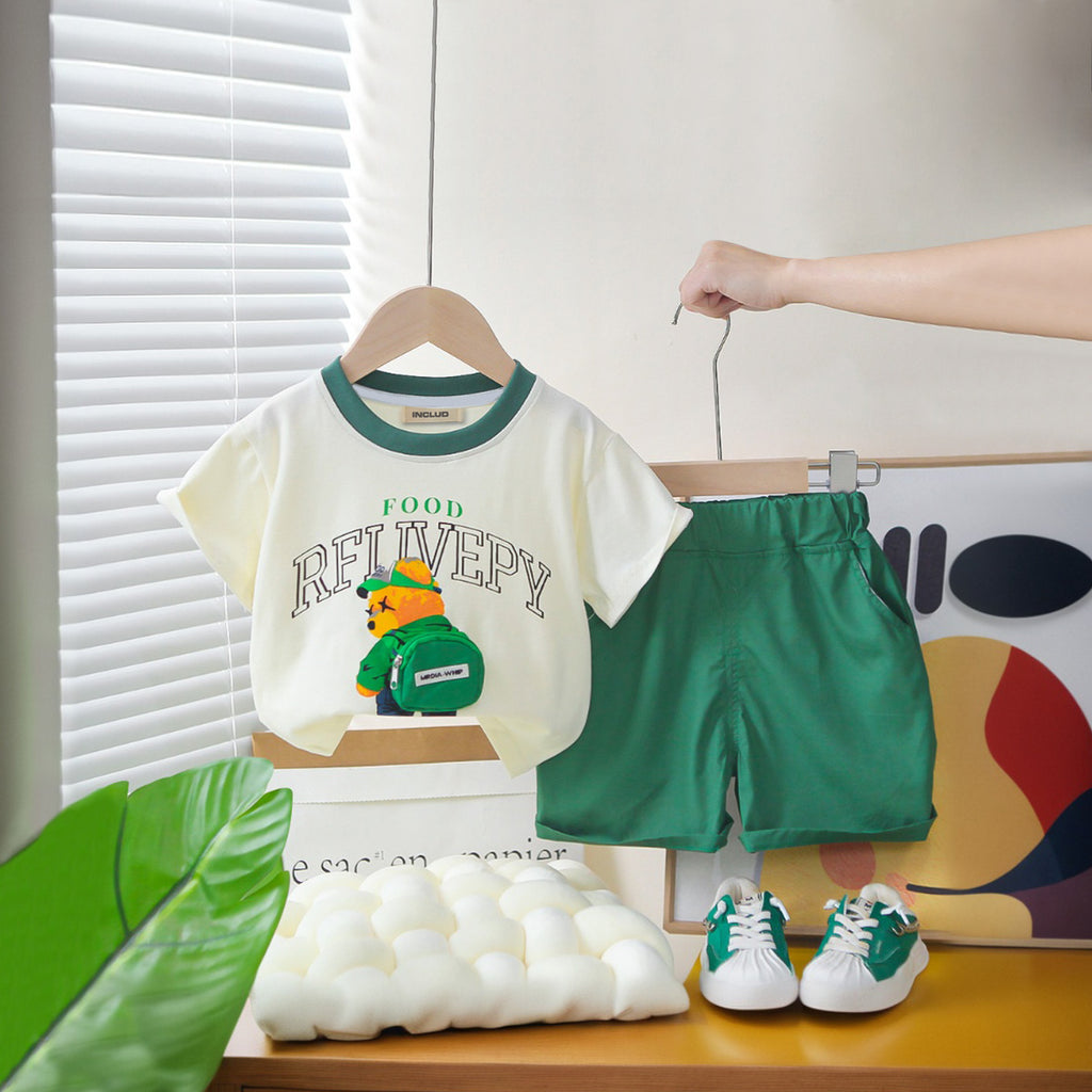 Boys Bag-pack Appliqued T-Shirt With Green Shorts Set 2 pc. Sets Green 1-2 Y