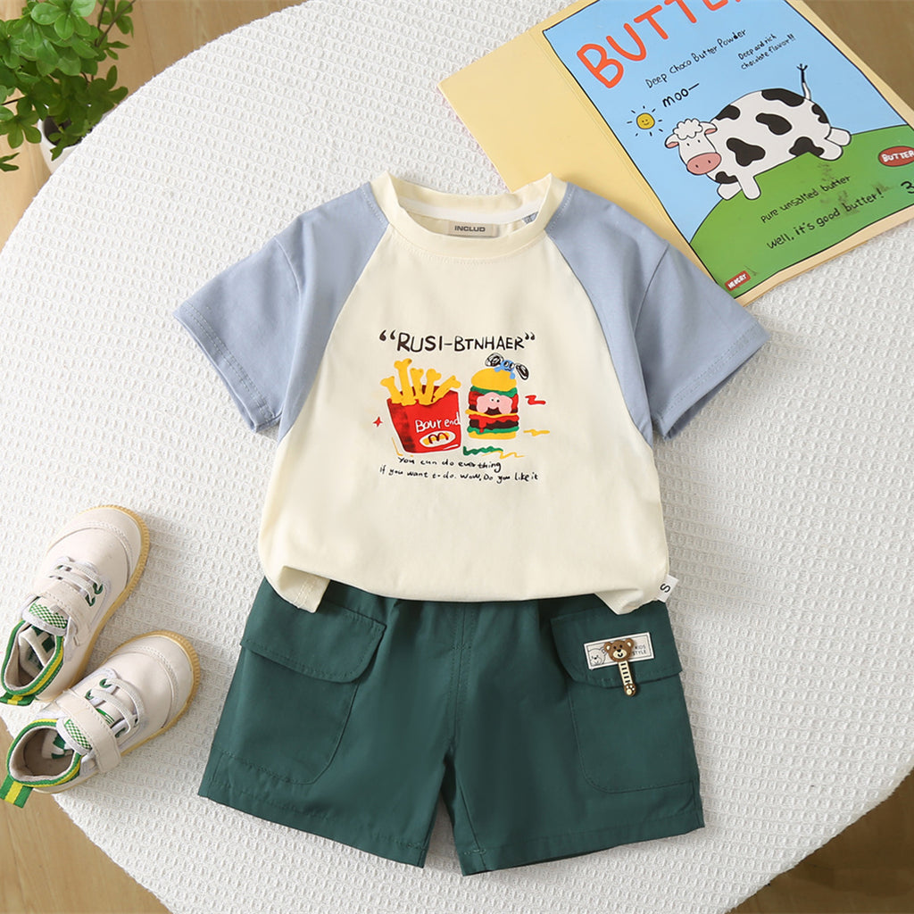 Boys Blue Raglan Sleeves Printed T-shirt with Shorts Set Sets Blue 1-2 Y