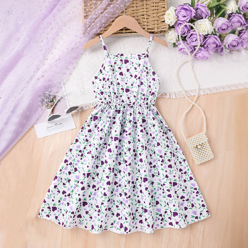 Girls White Heart Printed Midi Sundress Casual Dresses White 3-4 Y