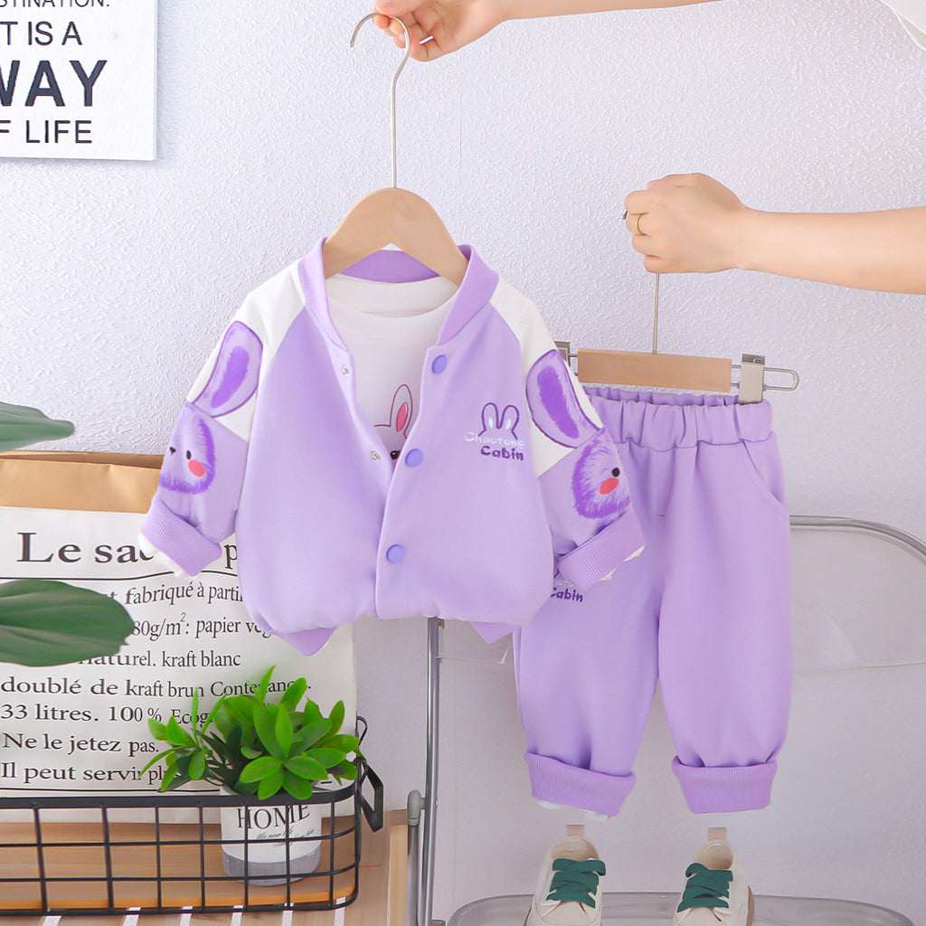 Girls Purple Rabbit Printed Varsity Jacket With T-Shirt & Joggers Set Sets Purple 1-2 Y
