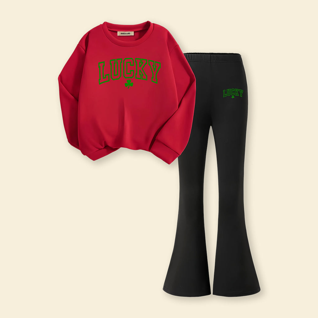 Girls Red Typographic Printed Sweatshirt With Pants Sets 2 pc. Sets Red 7-8 Y
