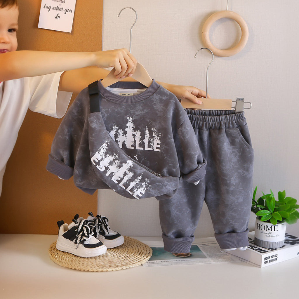 Boys Dark Grey Abstract Printed Sweatshirt With Sling Bag and Pants Set Sets Dark Grey 1-2 Y