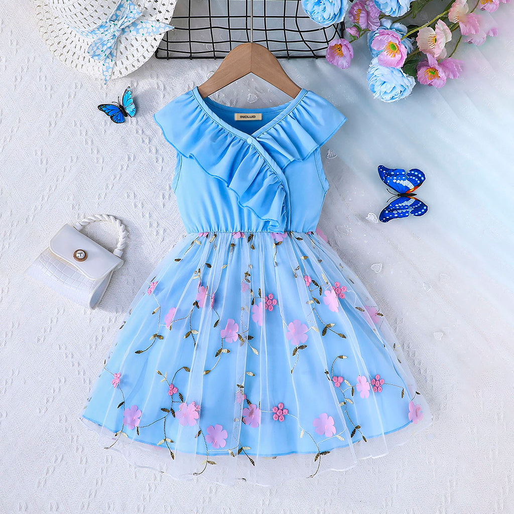 Girls Blue Floral Applique Fit & Flare Dress Casual Dresses Blue 2-3 Y