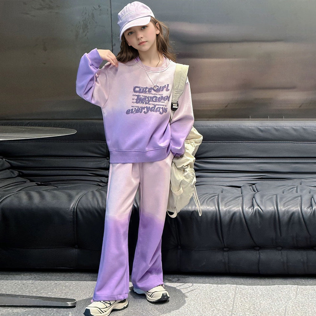 Girls Purple Typographic Printed Sweatshirt With Flared Pants Winter Co-ord Set 2 pc. Sets Purple 5-6 Y