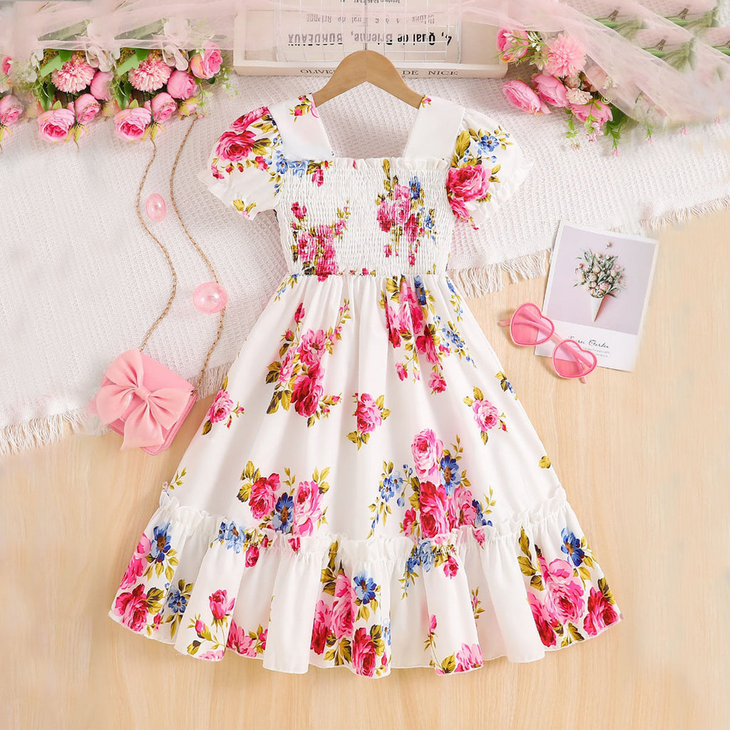 Girls Off White Rose Printed Puff Sleeves Smocked Fit & Flare Casual Dress Casual Dresses Off White 3-4 Y