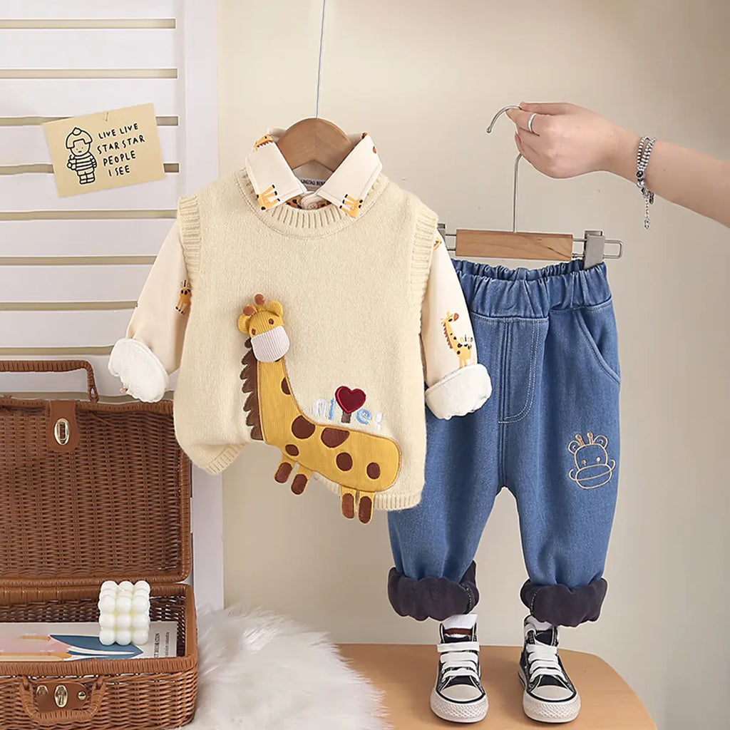 Boys Cream Giraffe Patch Embroidered Sweater Vest With Shirt & Denim Jogger Sets Sets Cream 1-2 Y
