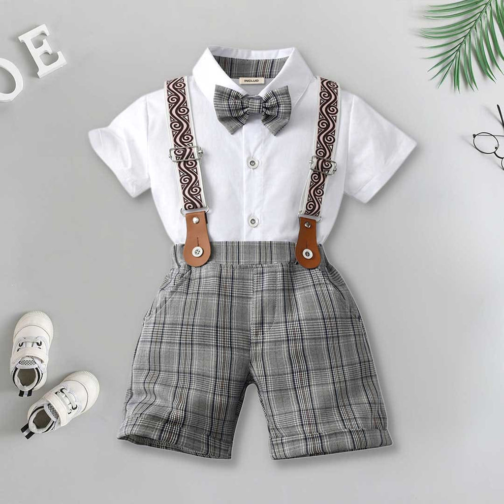 Boys Short Sleeve Shirt With Suspender Check Shorts Set 2 pc. Sets White 1-2 Y 