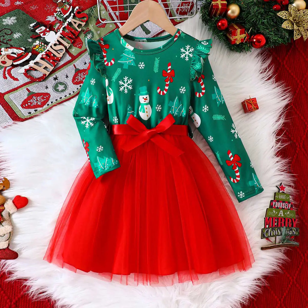 Girls Green Christmas Theme Printed Fit & Flare Dress Casual Dresses Green 3-4 Y
