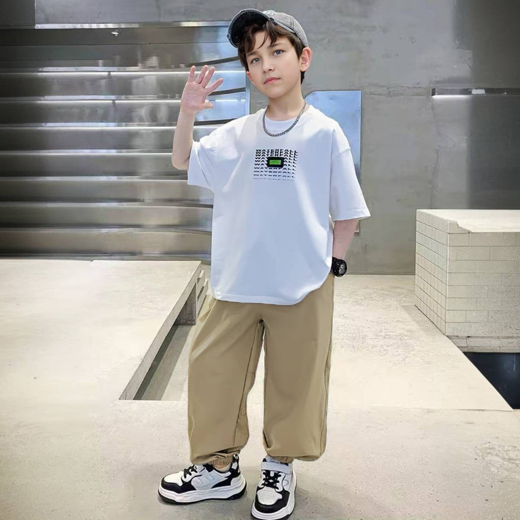 Boys White Abstract Printed Summer Oversized T-Shirt With Jogger Set 2 pc. Sets White 5-6 Y
