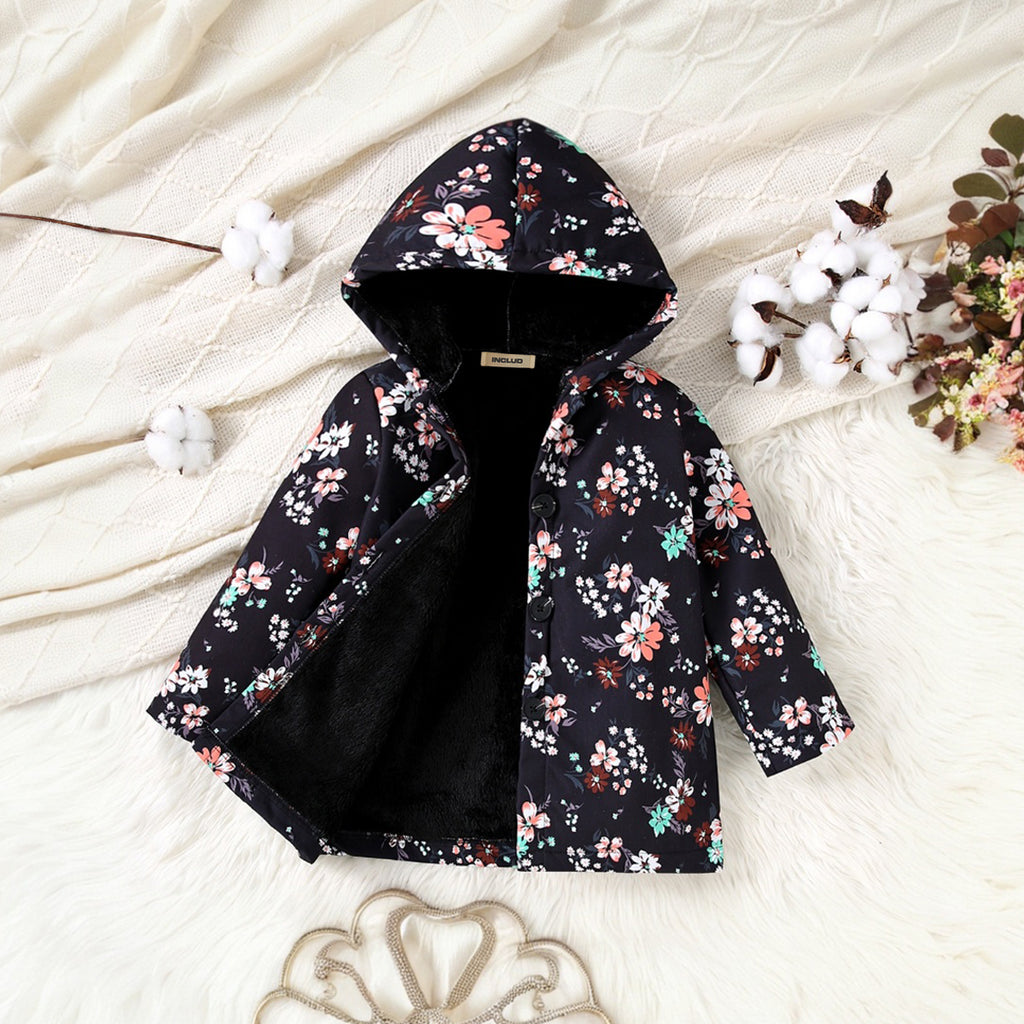 Girls Black Floral Printed Hooded Front Open Winter Jacket Coats & Jackets Black 3-4 Y