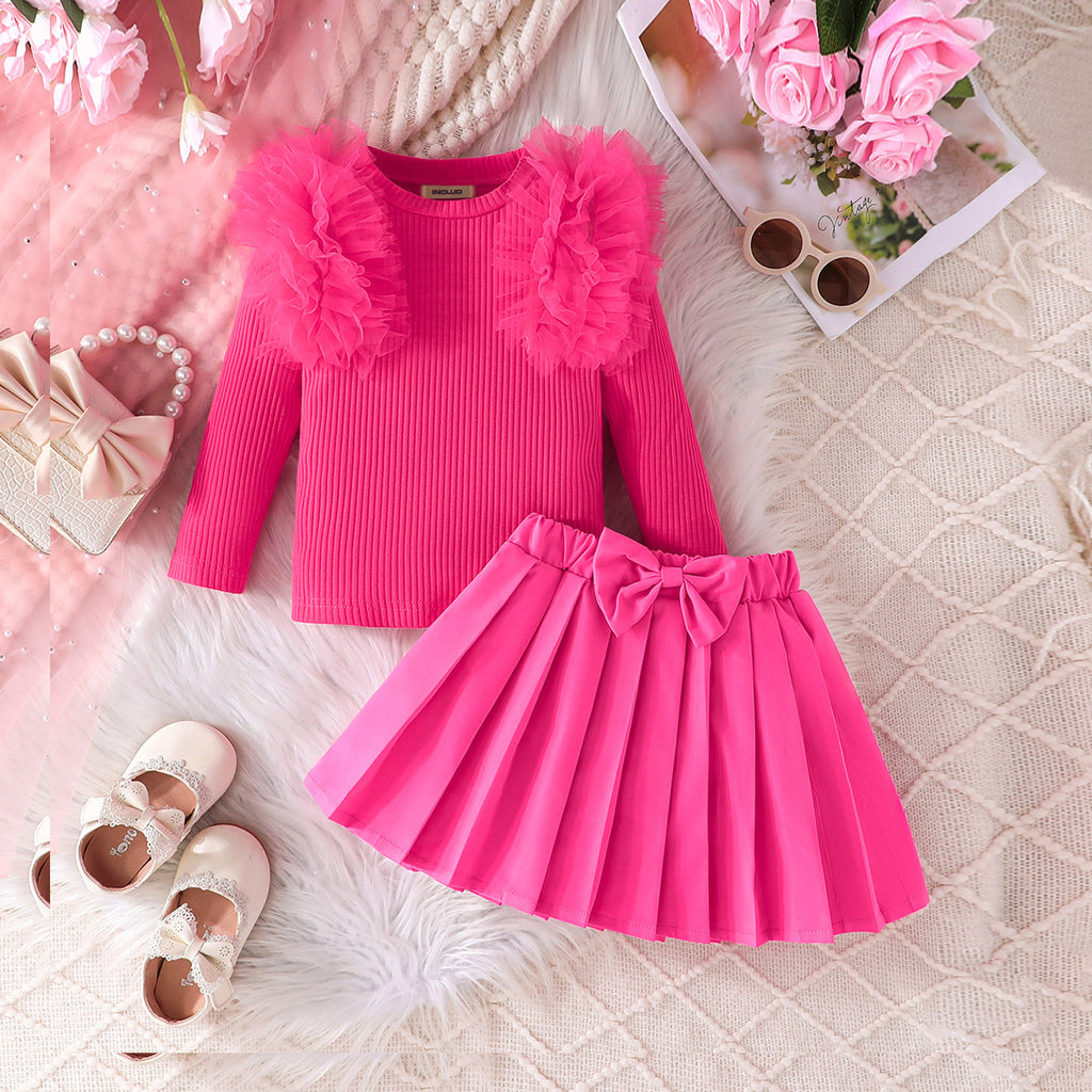 Girls Fuchsia Solid Top With Pleated Skirt Winter Set 2 pc. Sets Fuchsia 1-2 Y