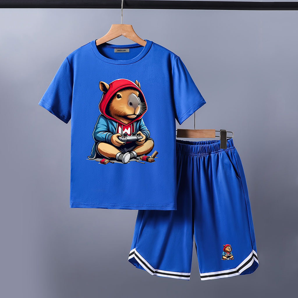 Boys Blue Mouse Graphics Shorts Sleeve T-Shirt With Shorts Set 2 pc. Sets Blue 5-6 Y