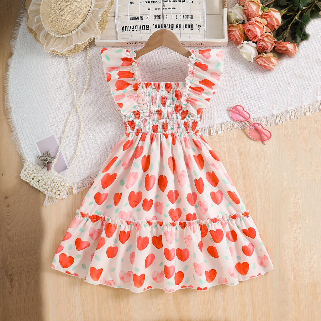 Girls White Heart Printed Sleeveless Smocked Fit And Flared Casual Dress Casual Dresses