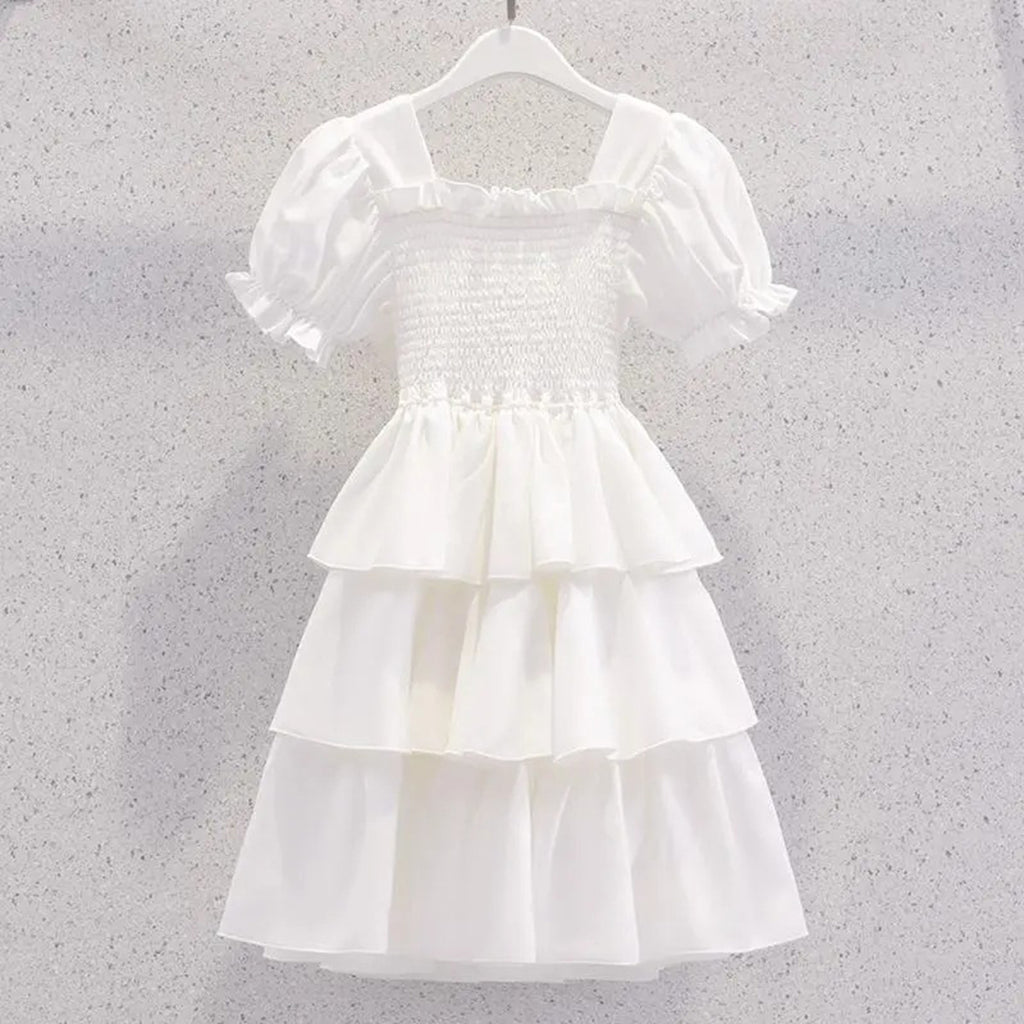 Girls Puff Sleeves Elasticated Smocking Tiered Dress Casual Dresses White 4-5 Y 