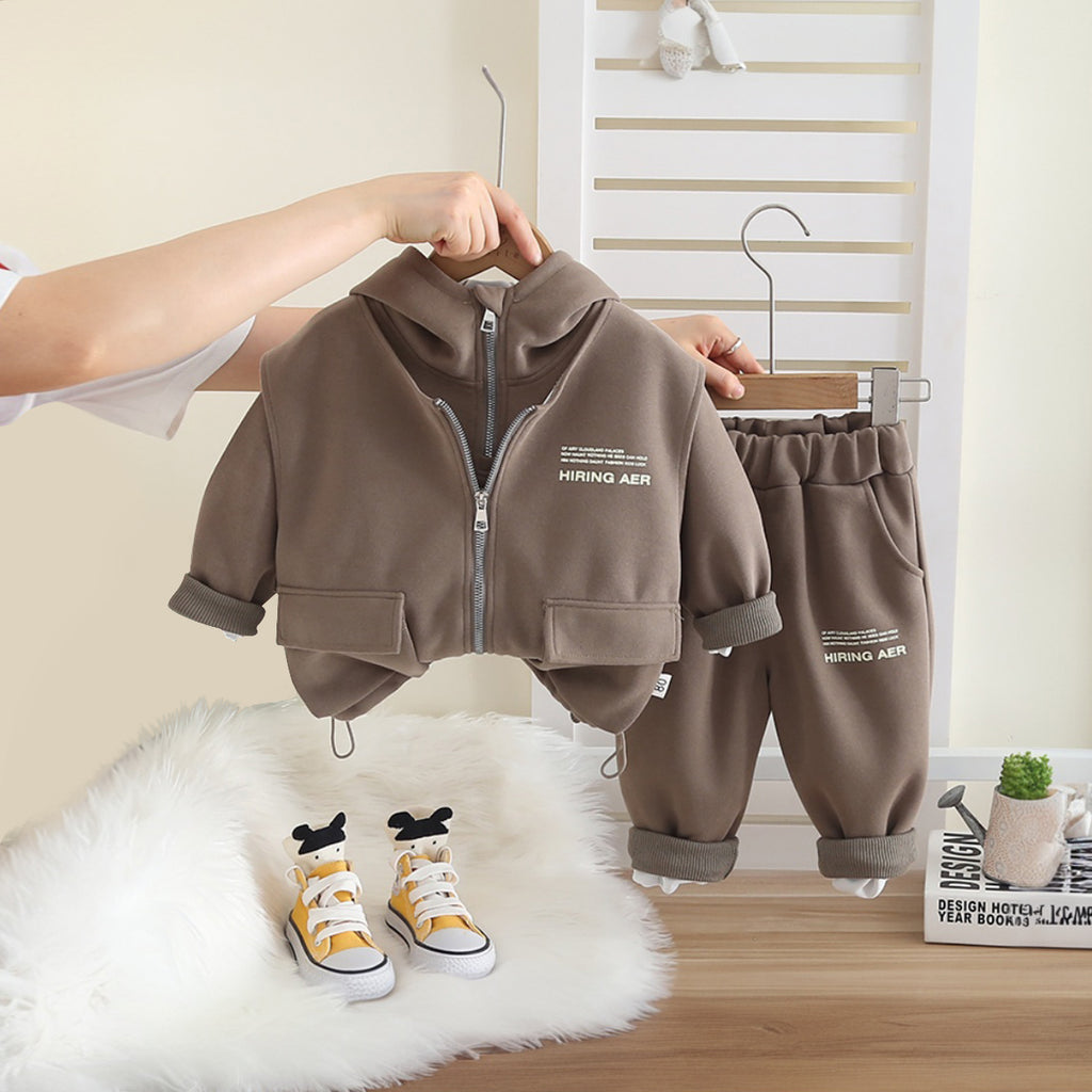 Boys Dark Typographic Printed Hooded Sweatshirt With Sleeveless Jacket and Pants Set 3 pc. Sets Dark Brown 1-2 Y