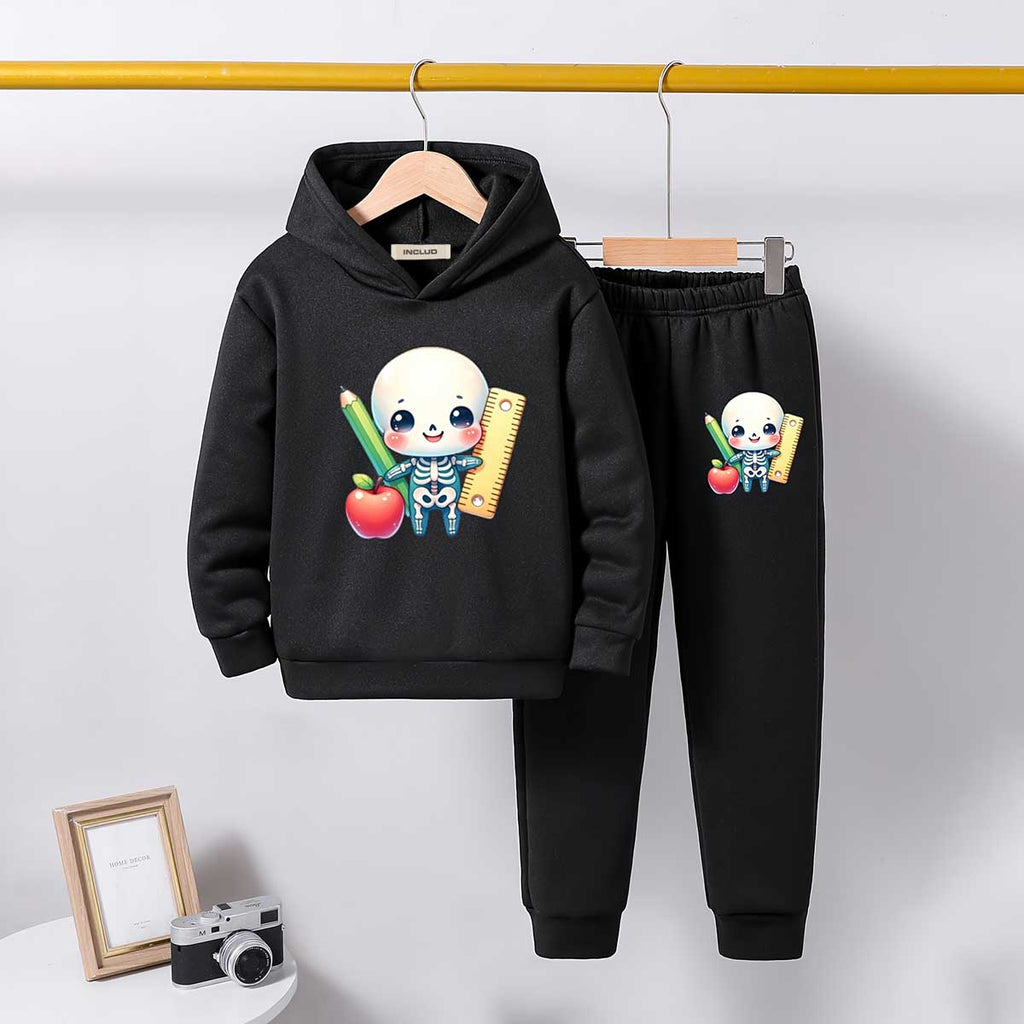Girls Black Skeleton Cartoon Printed Hooded Sweatshirt With Jogger Co-ord Sets 2 pc. Sets Black 5-6 Y
