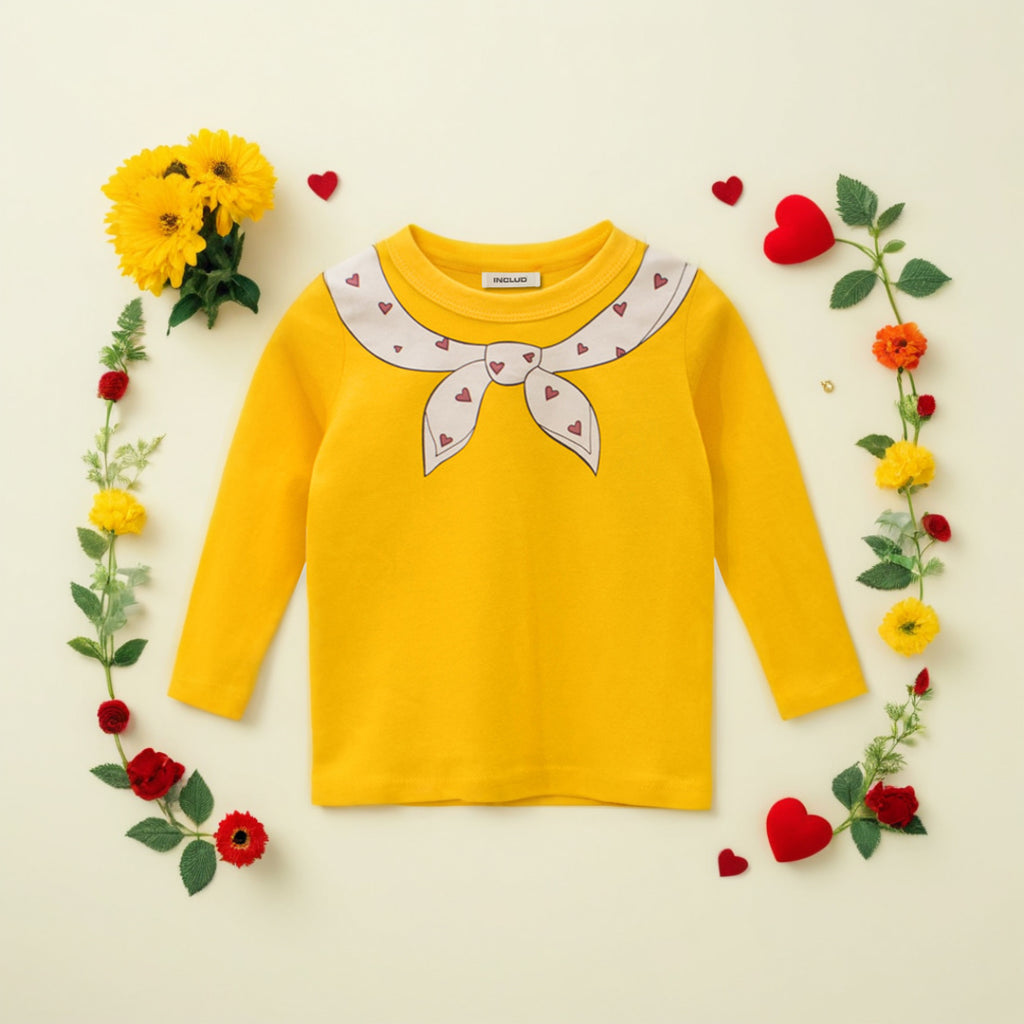Girls Neck Bow Tie Print Long Sleeves T-Shirt Tshirts Golden 1-2 Y 
