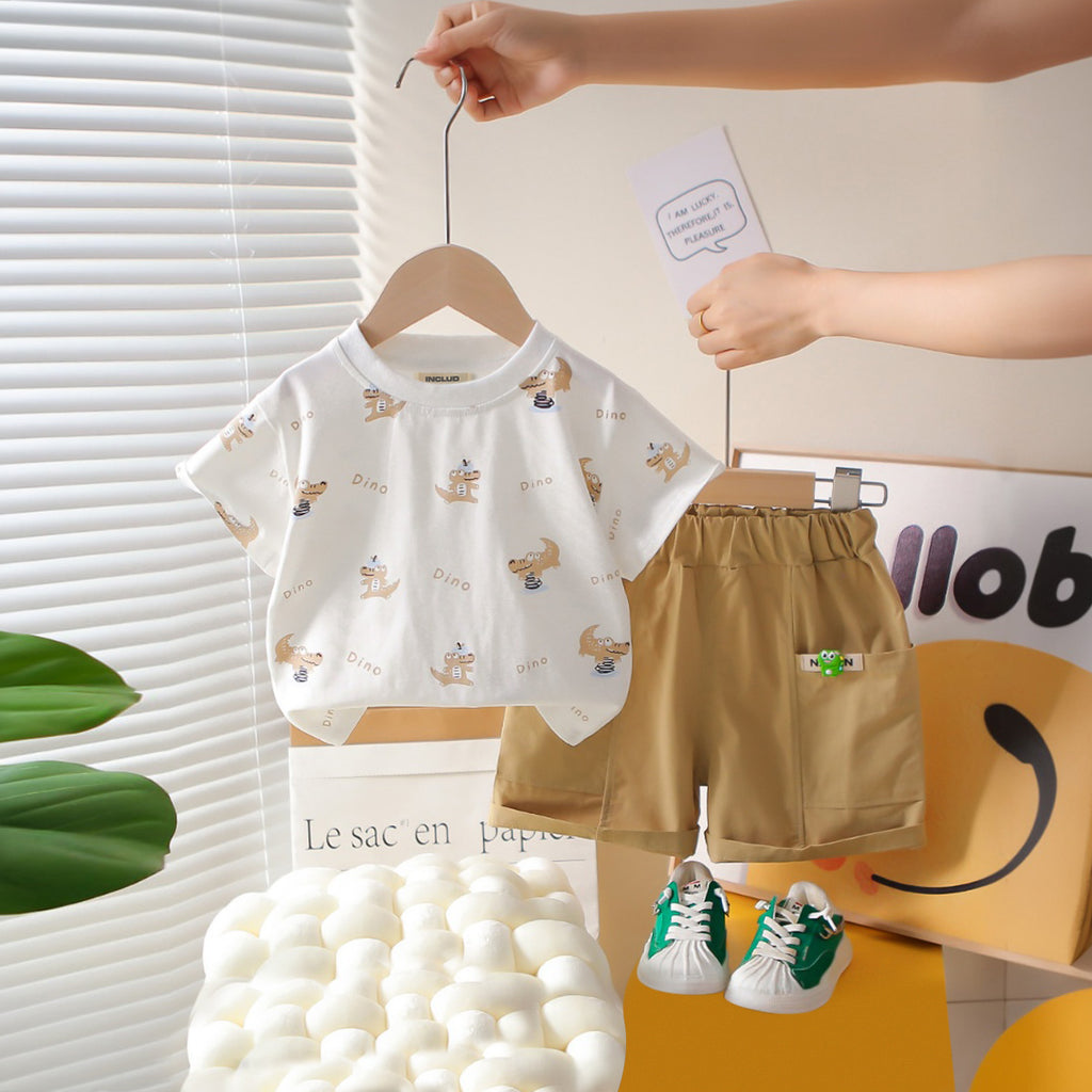 Boys Dino Printed Short Sleeves T-Shirt With Khaki Shorts Set 2 pc. Sets Khaki 1-2 Y