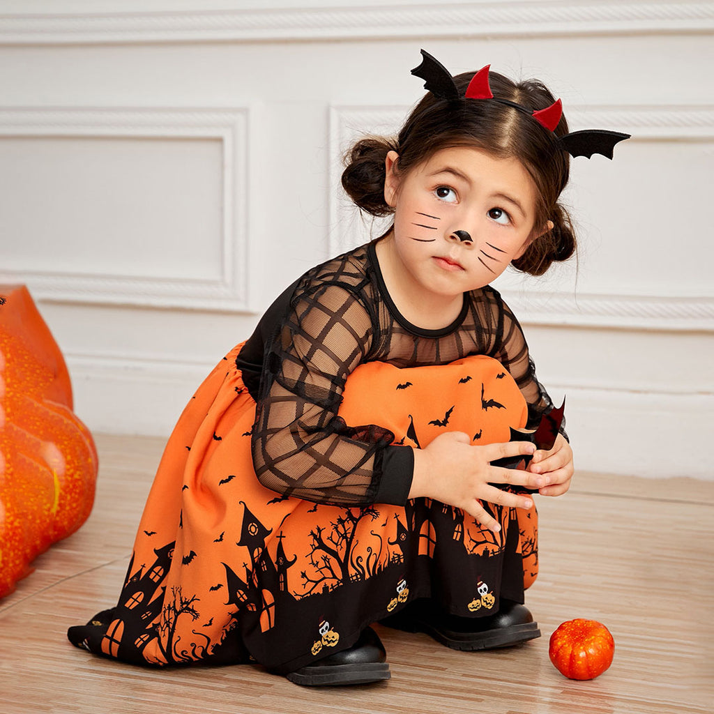 Girls Orange-Black Full Sleeves Halloween Costume Dress Casual Dresses Orange 3-4 Y