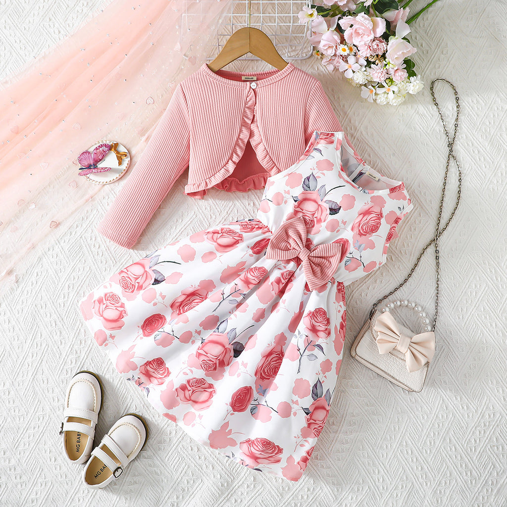Girls Pink Rose Printed Fit & Flare Dress With Shrug Casual Dresses Pink 2-3 Y