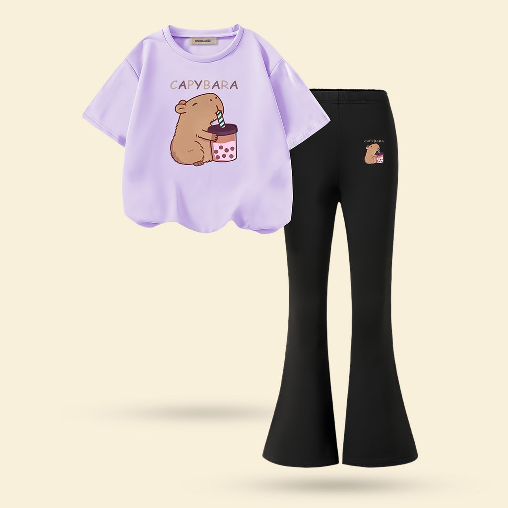 Girls Lilac Hamster Print T-shirt with Black Flared Pants Set Sets Lilac 7-8 Y