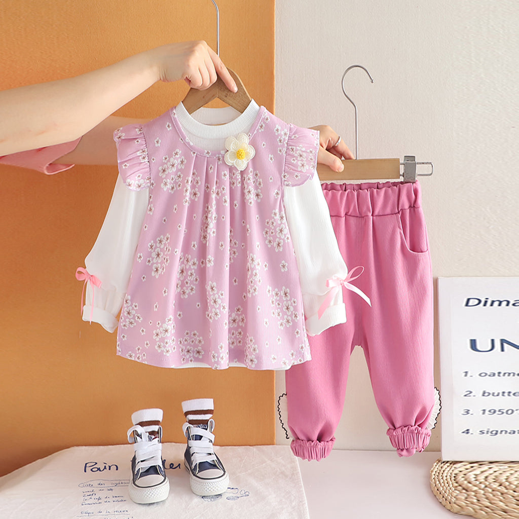 Girls Pink Floral Printed Tunic With T-Shirt & Pants Set Sets Pink 1-2 Y
