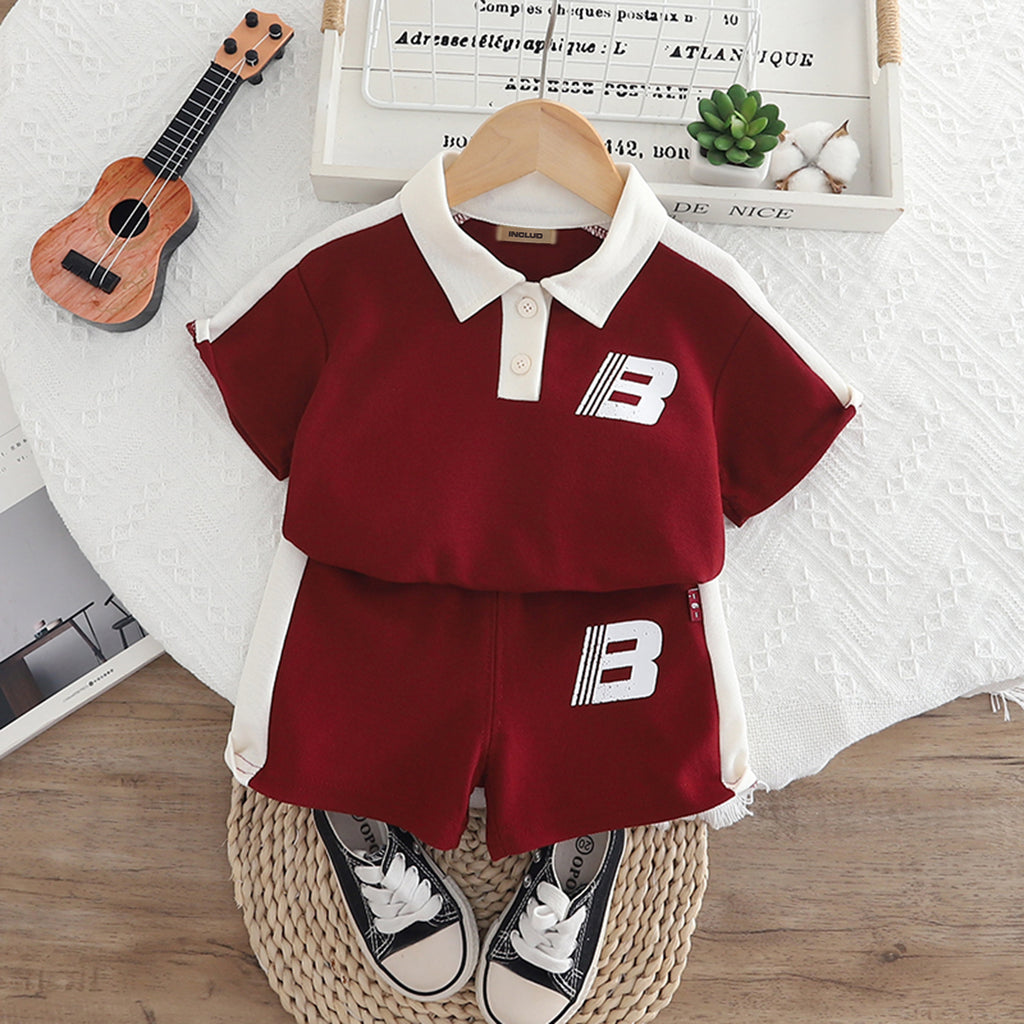 Boys Red Contrast Collar Short Sleeves Polo T-Shirt With Shorts Set 2 pc. Sets Red 1-2 Y