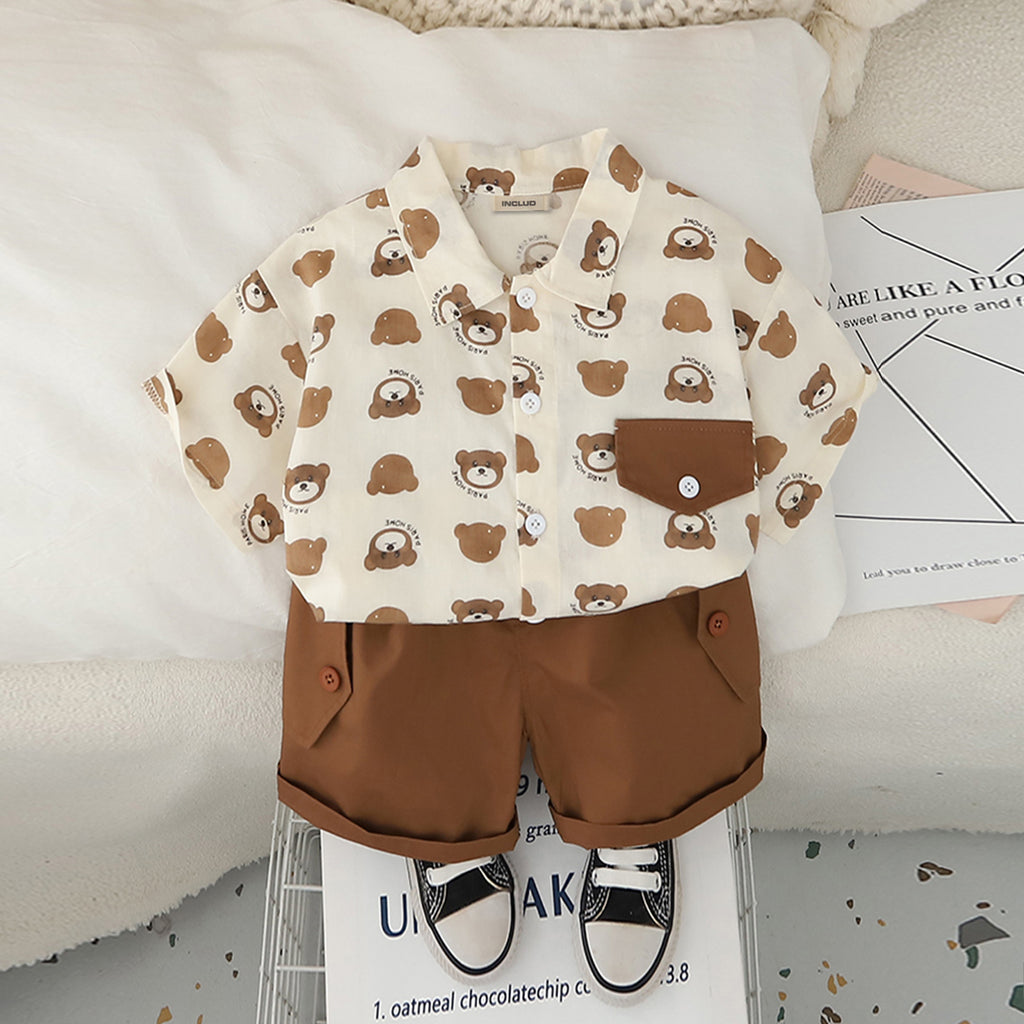 Boys Brown Printed Short Sleeves Contrast Flap Shirt With Brown Shorts Set 2 pc. Sets Brown 1-2 Y