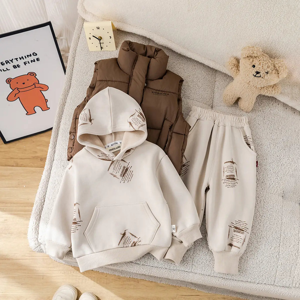 Boys Sleeveless Puff Jacket With Regular Sweatshirt And Trouser Sets 3 pc. Sets Beige 1-2 Y