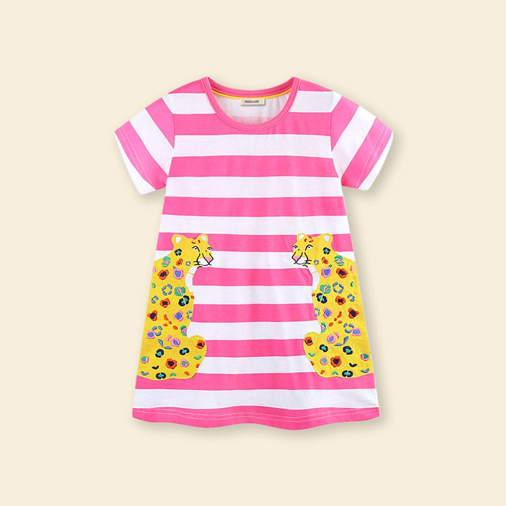 Girls Short Sleeve Striped A-Line Dress Casual Dresses Pink 1-2 Y 