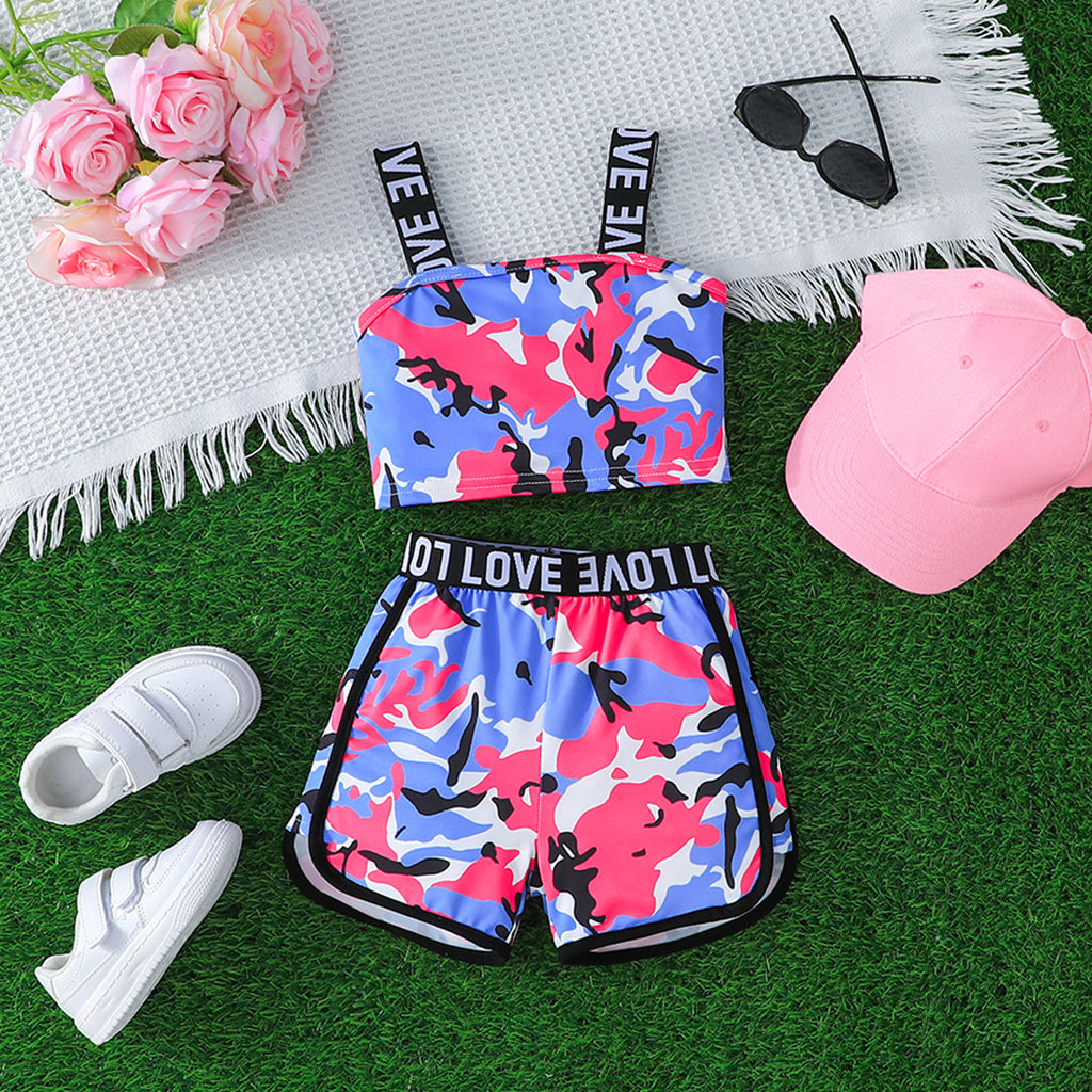 Girls Blue Camouflage Printed Camisole Top With Shorts Set 2 pc. Sets