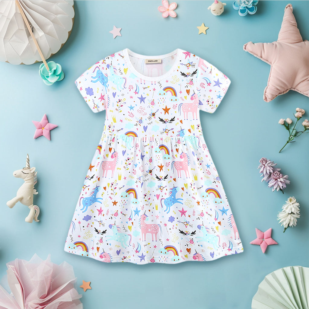 Girls Unicorn Printed Short Sleeve Dress Casual Dresses White 1-2 Y 
