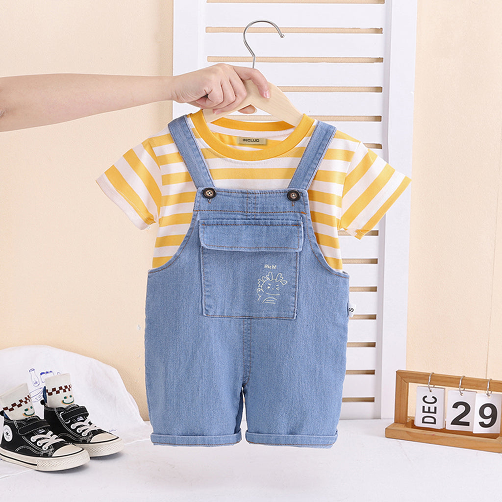 Boys Yellow Striped Short Sleeves T-Shirt With Denim Dungaree Set 2 pc. Sets Yellow 1-2 Y