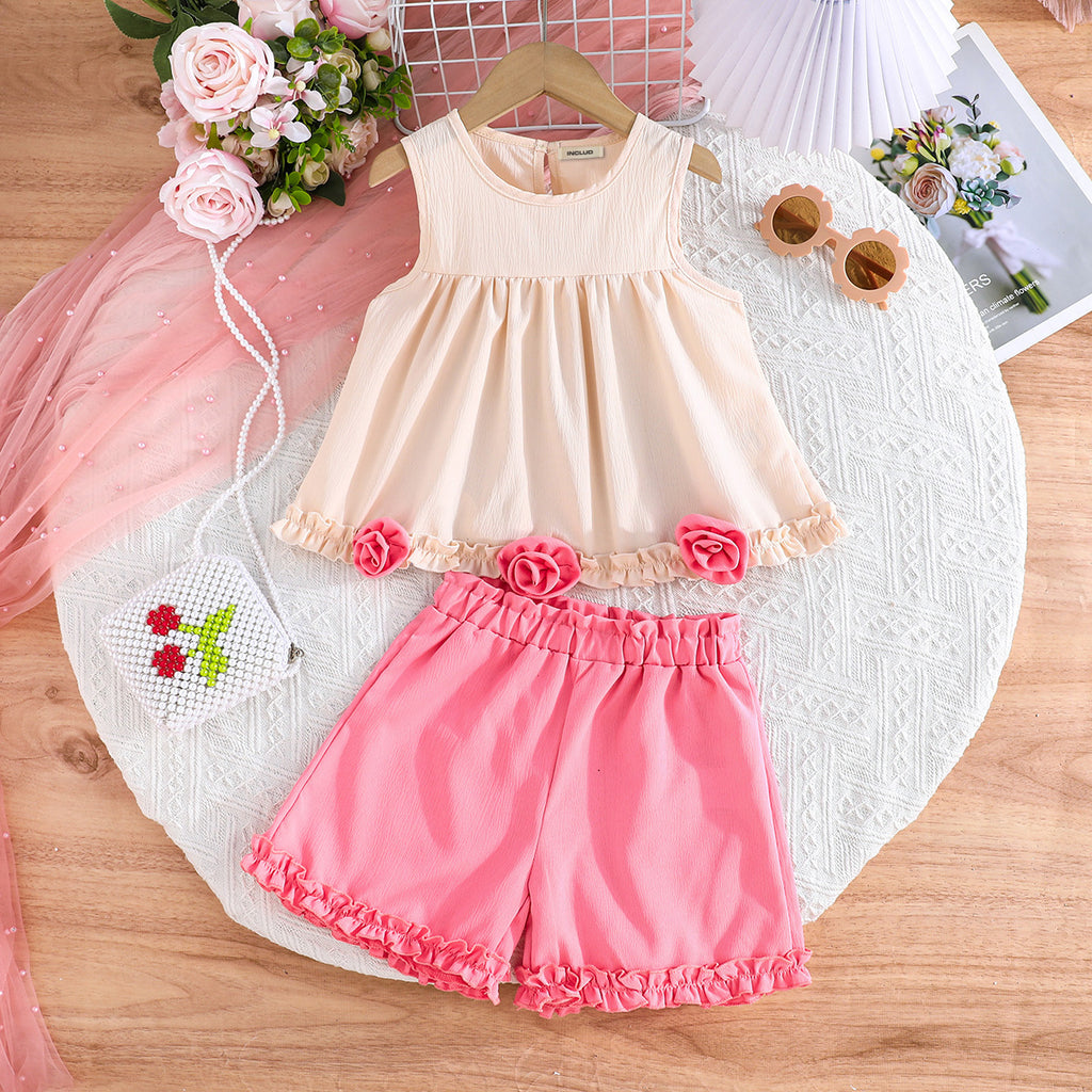 Girls Sleeveless Flower Applique Top With Pink Short Set 2 pc. Sets Pink 2-3 Y